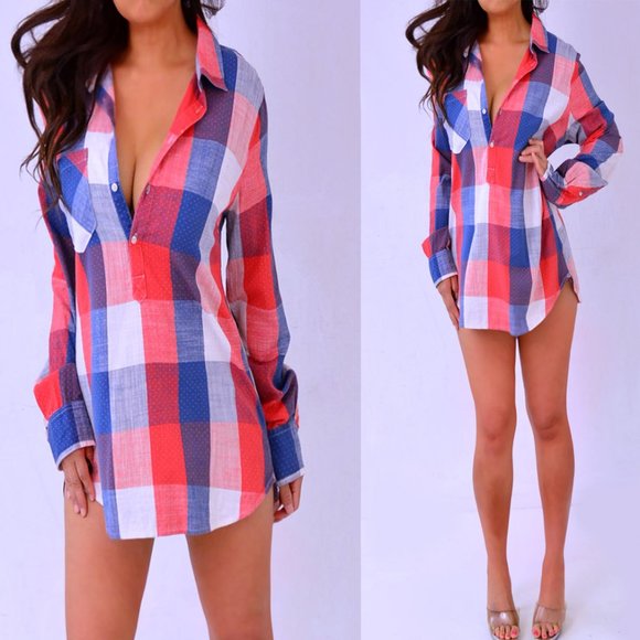 Merona Blue Red Dotted Checkered Shirt Top Blouse L Large - Picture 2 of 7